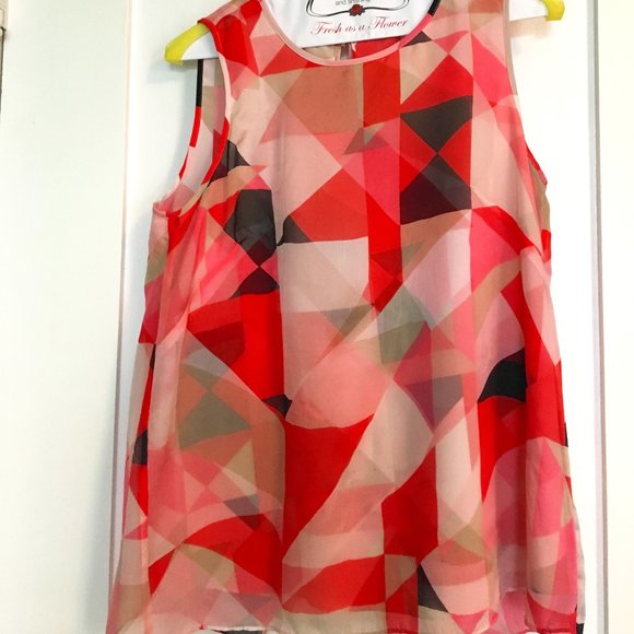 Vince Camuto Pink & Red Geometric Layered Blouse - Picture 6 of 16